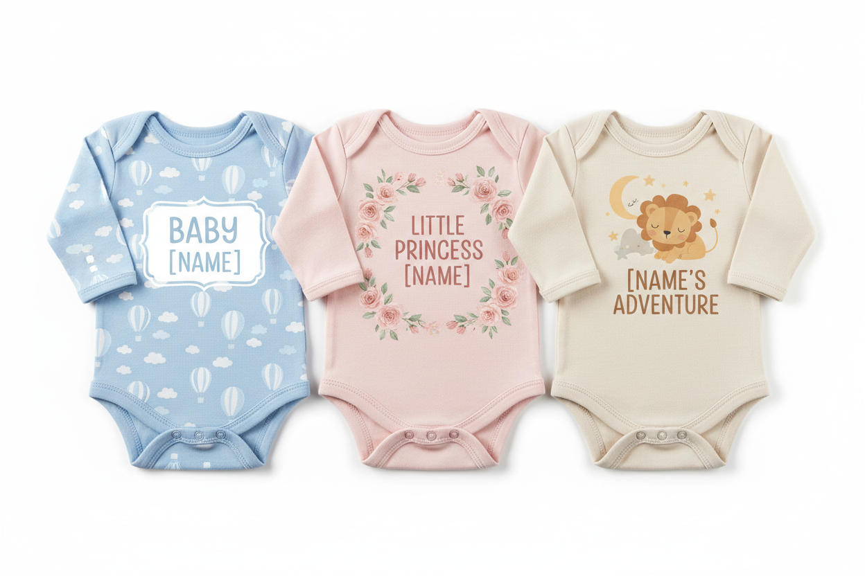 customised baby onsie in blue, pink & neutral colour