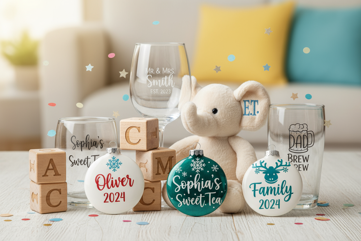 PERSONALISED ITEMS COLLAGE - ORDAMENTS, TOYS, GLASSES